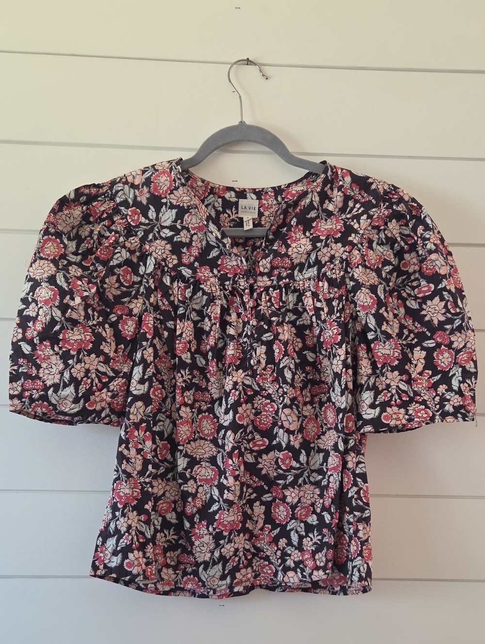 Rebecca Taylor Top Size S Black Floral Puff-Sleeve